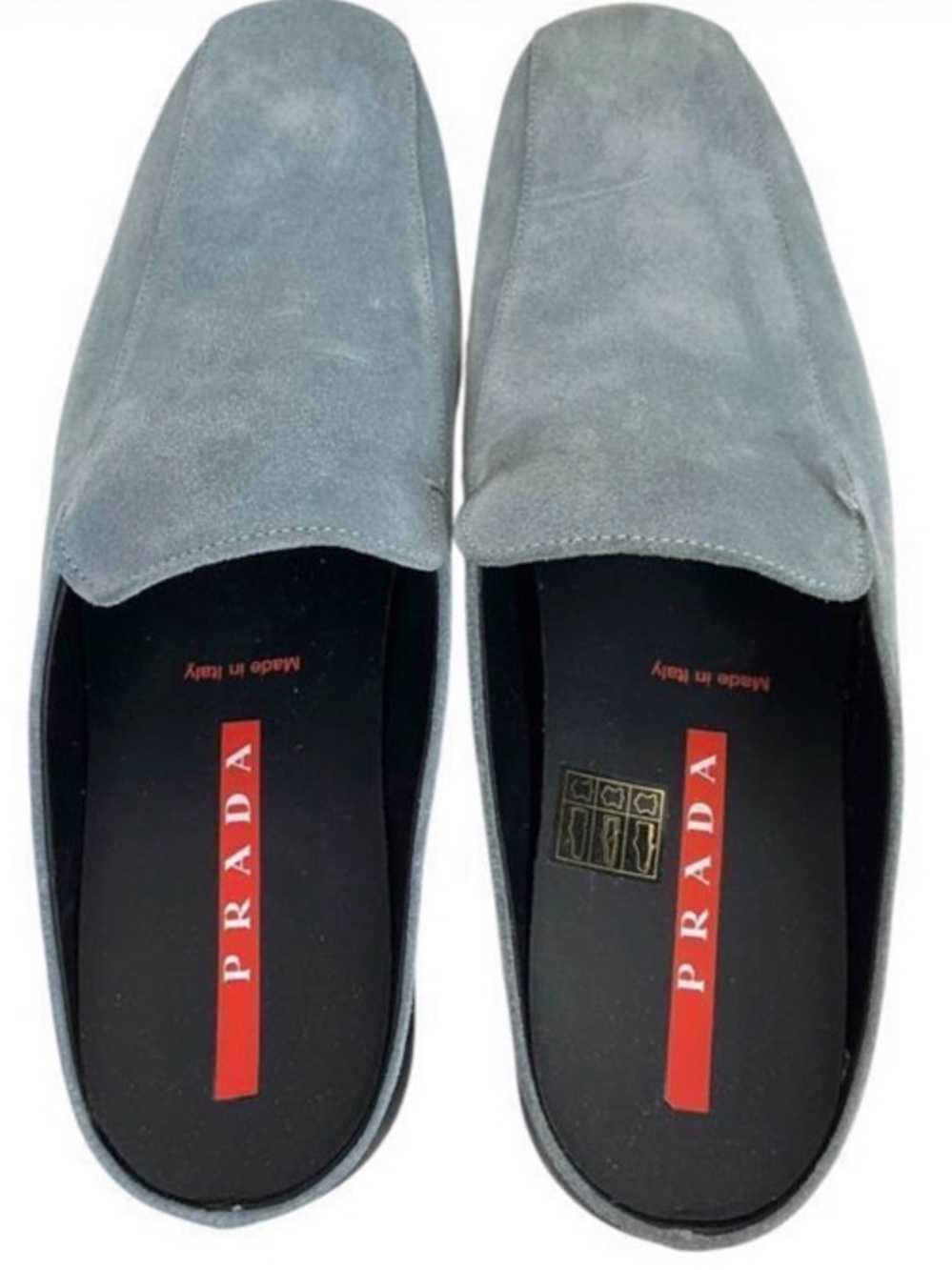 Prada Suede Blue-Gray Slip-On
Mules, sized 39.